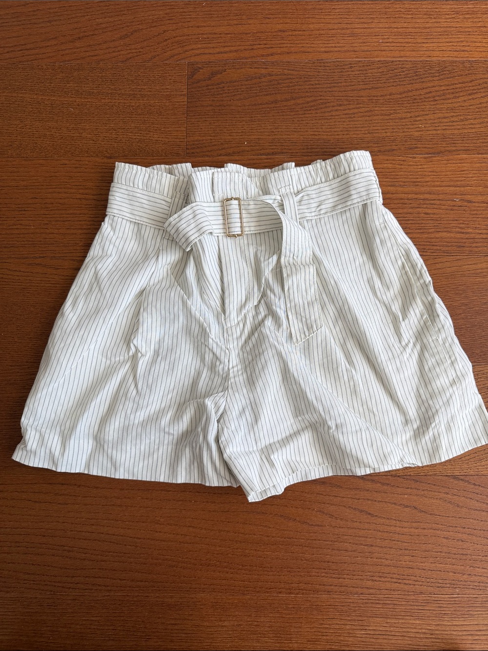 Club Monaco White Pinstripe High-Waist Belted Shorts